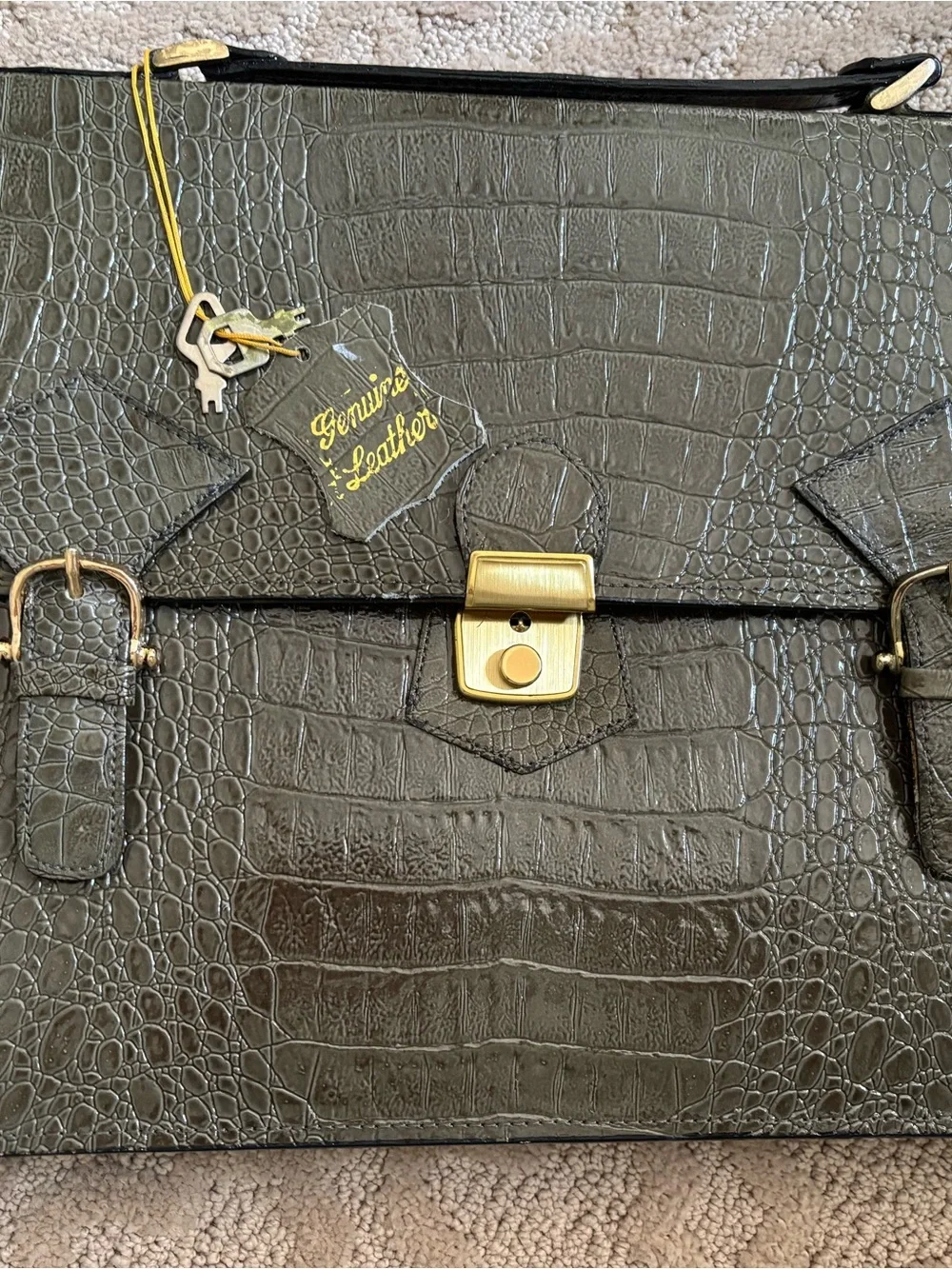 Genuine Leather Croc-Embossed Satchel Handbag in Dark Olive briefcase Vintage